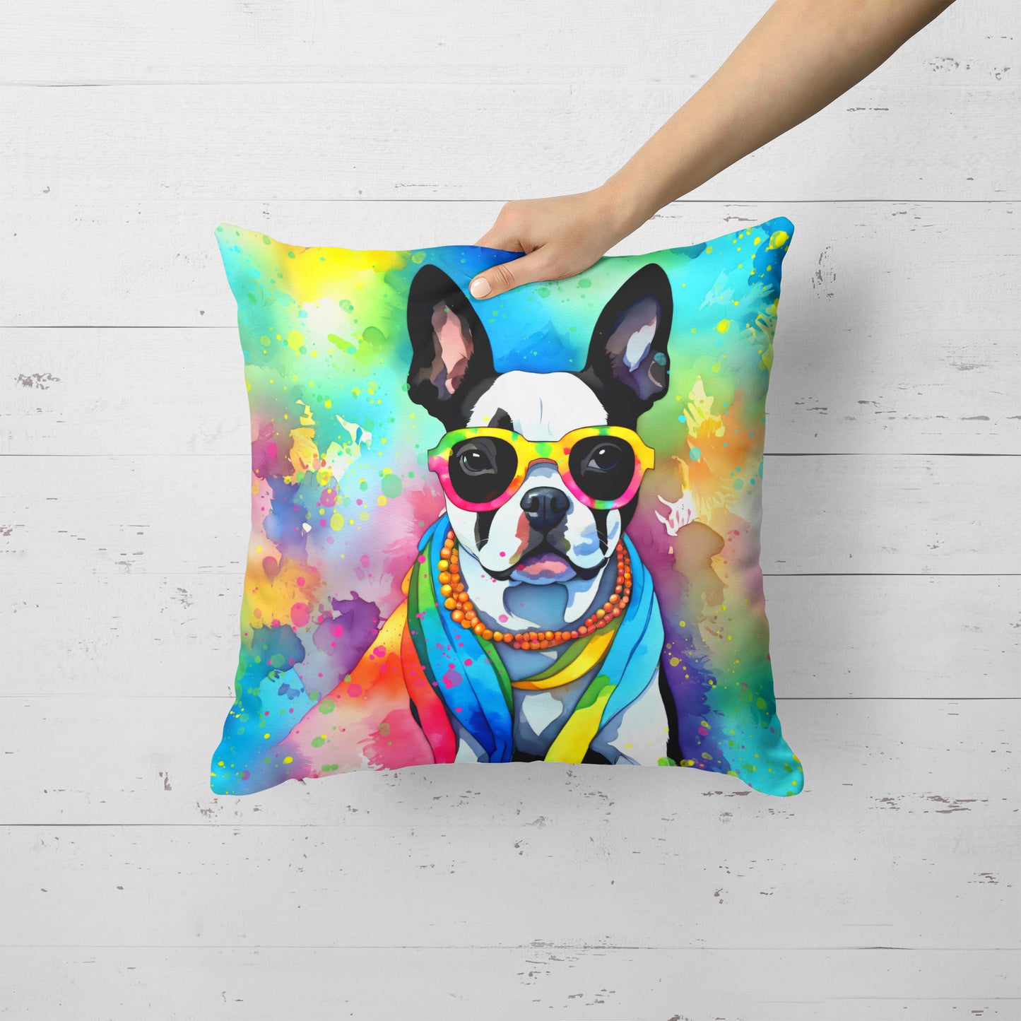 Boston Terrier Hippie Dawg Throw Pillow