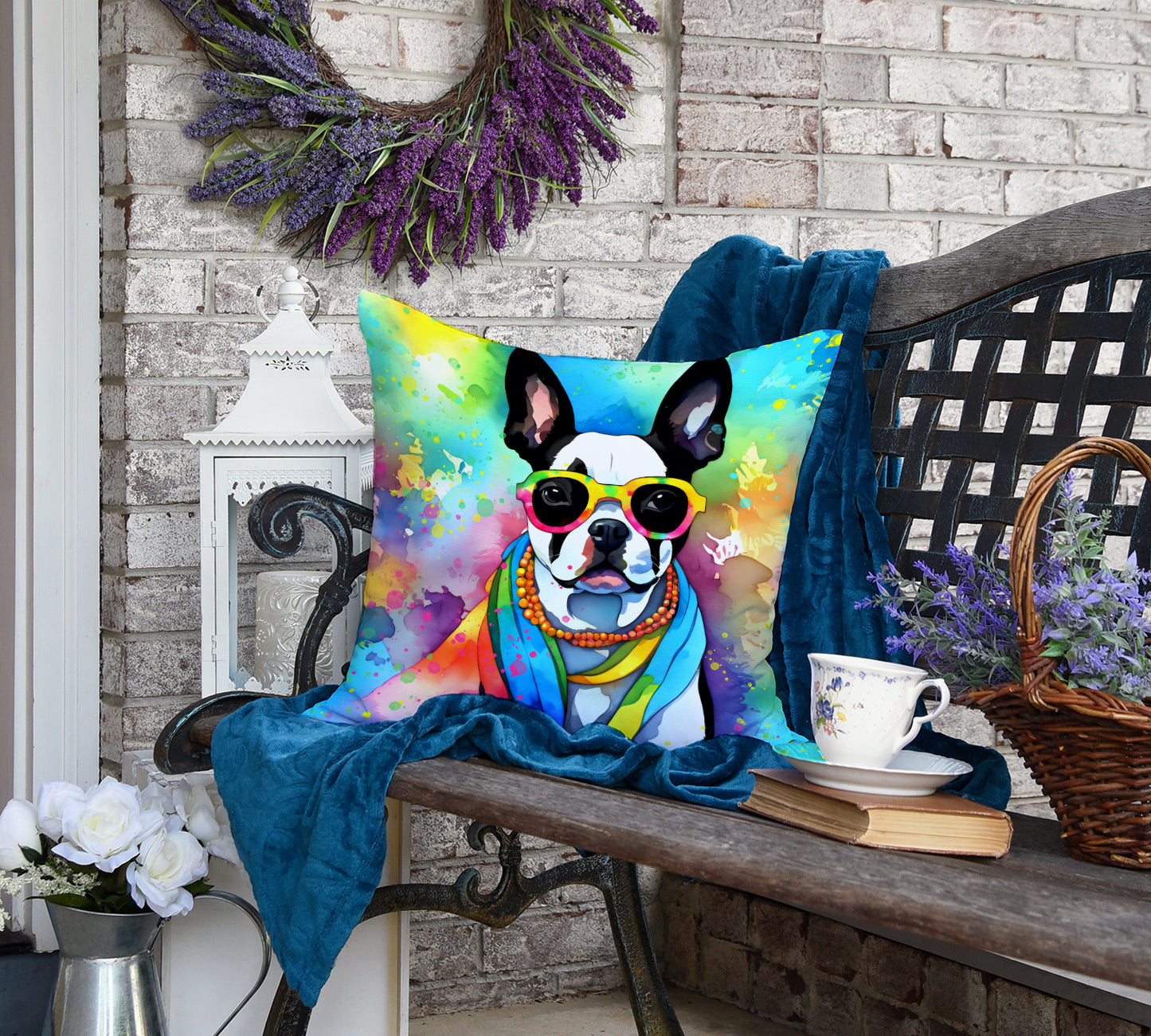 Boston Terrier Hippie Dawg Throw Pillow