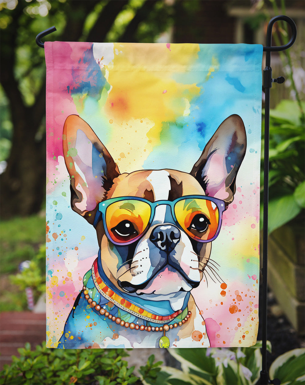 Boston Terrier Hippie Dawg Garden Flag