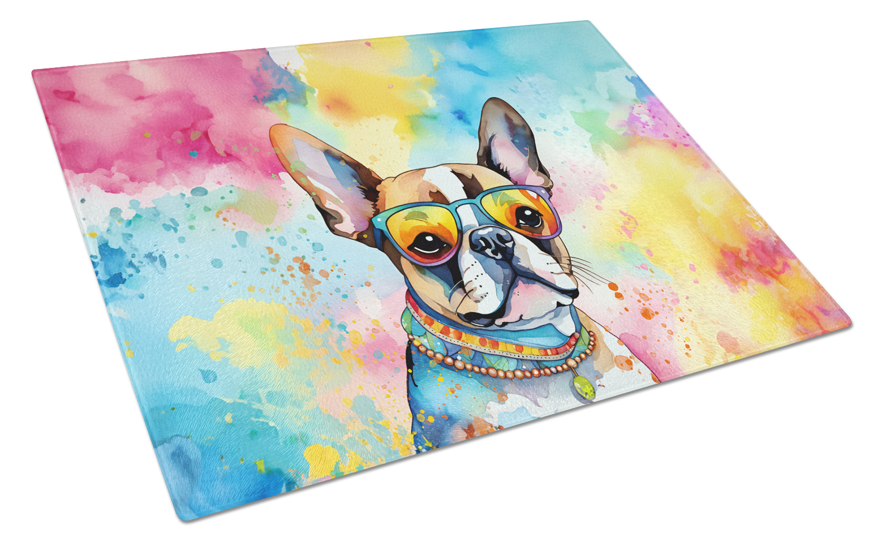 Buy this Boston Terrier Hippie Dawg Glass Cutting Board