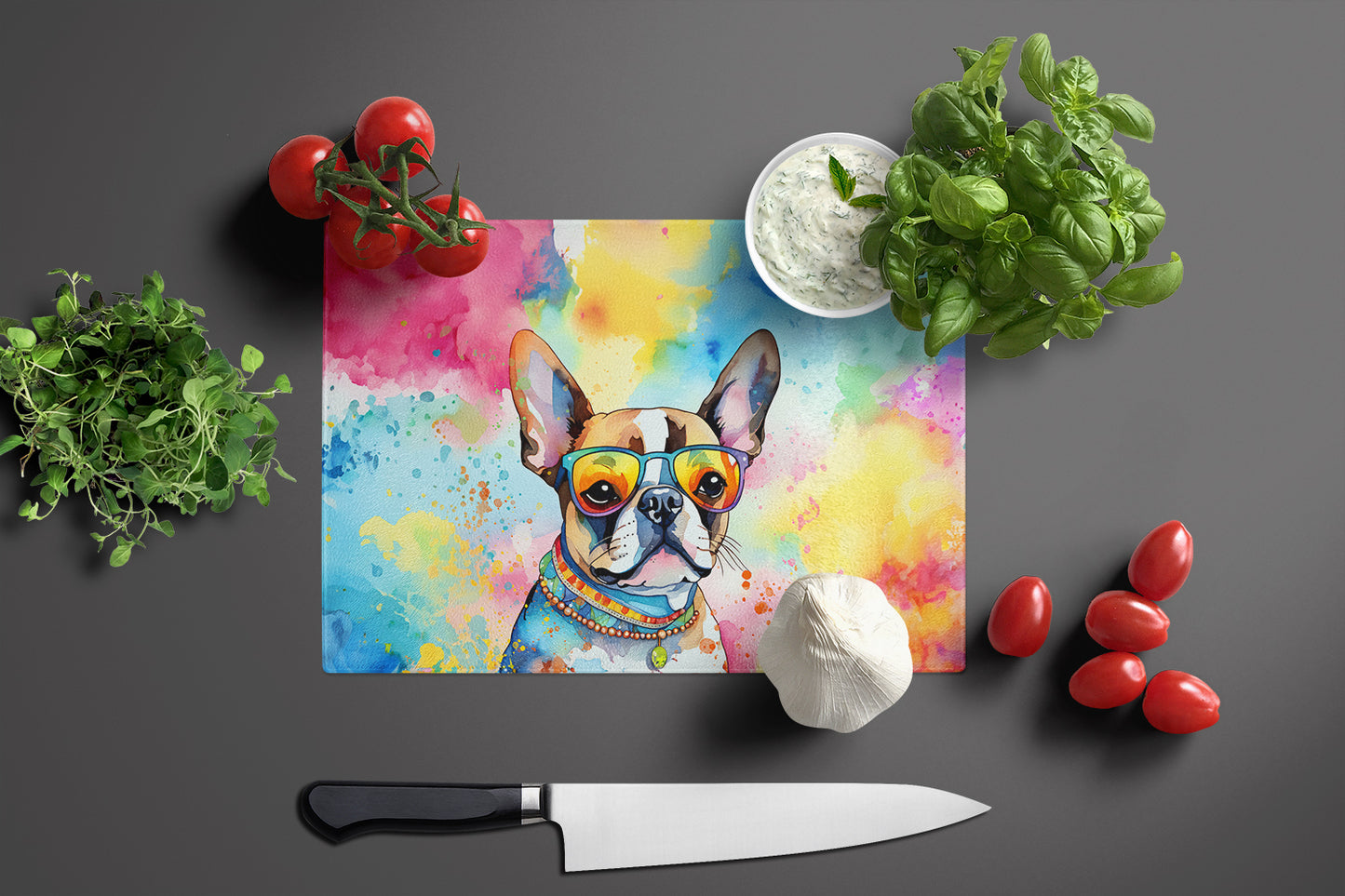 Boston Terrier Hippie Dawg Glass Cutting Board