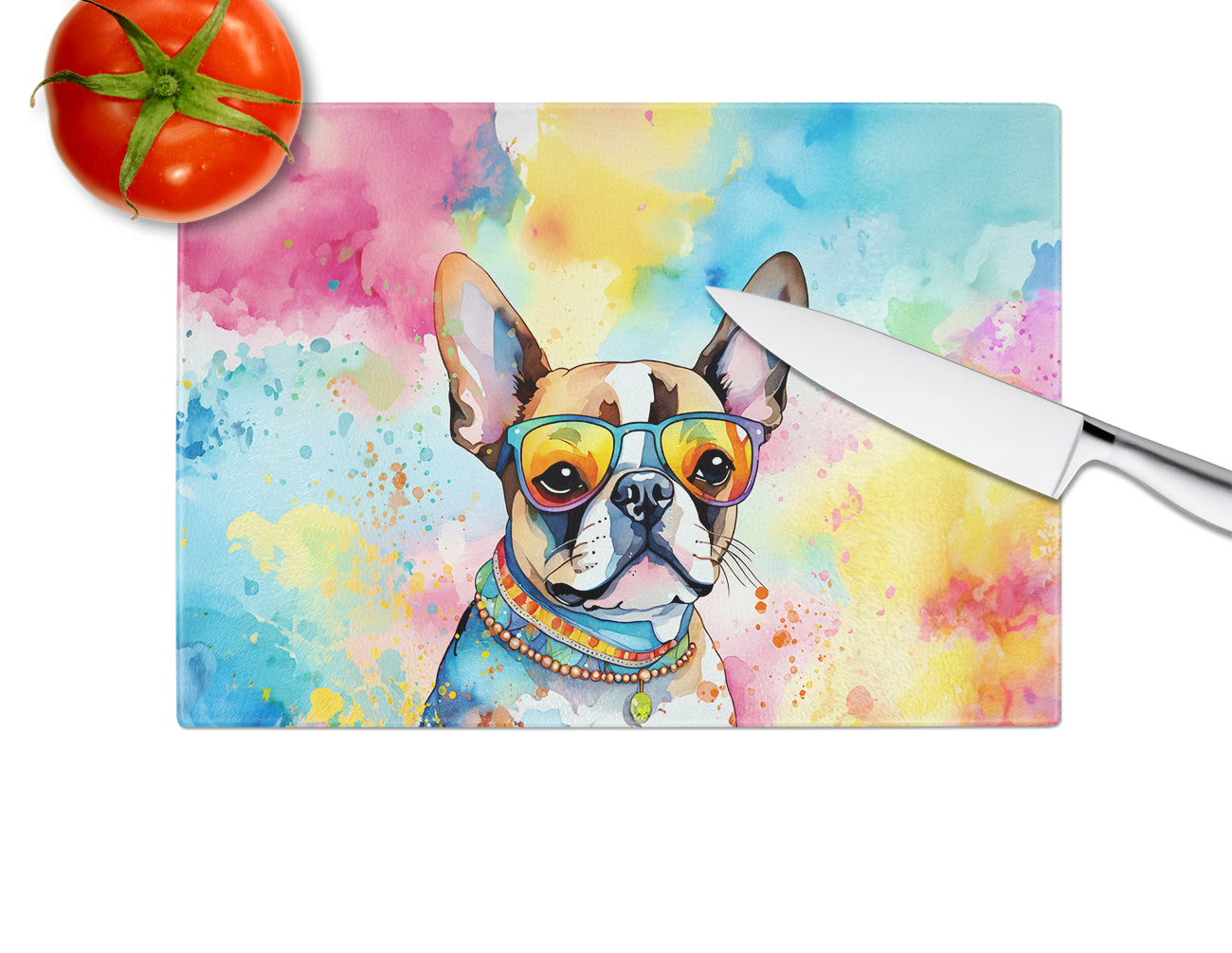 Boston Terrier Hippie Dawg Glass Cutting Board