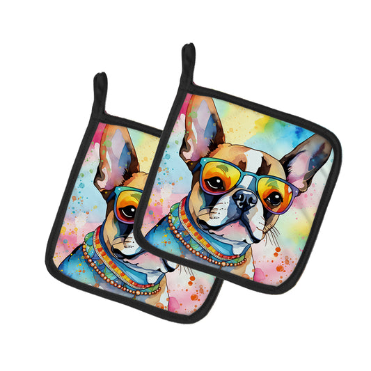 Buy this Boston Terrier Hippie Dawg Pair of Pot Holders