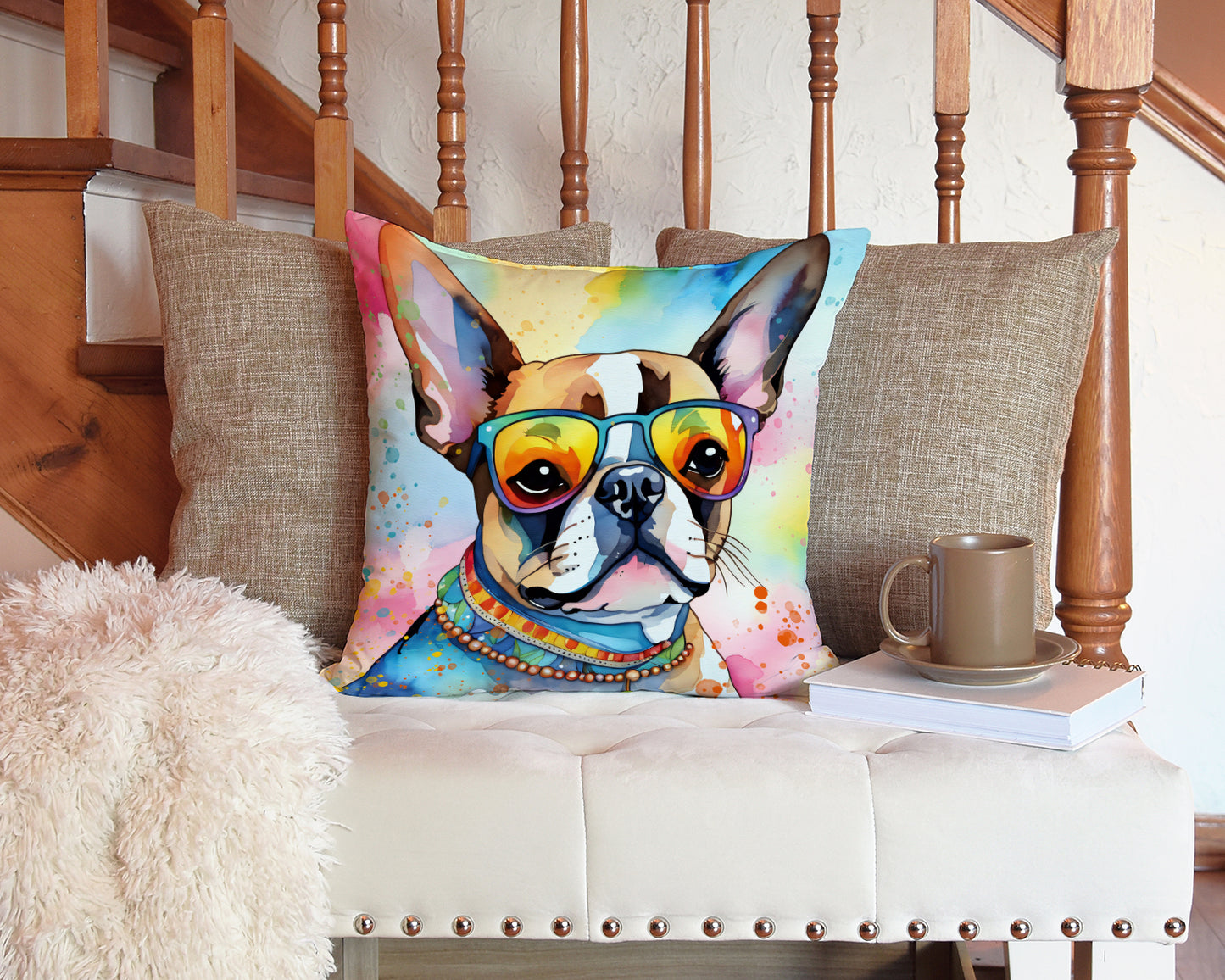 Boston Terrier Hippie Dawg Throw Pillow