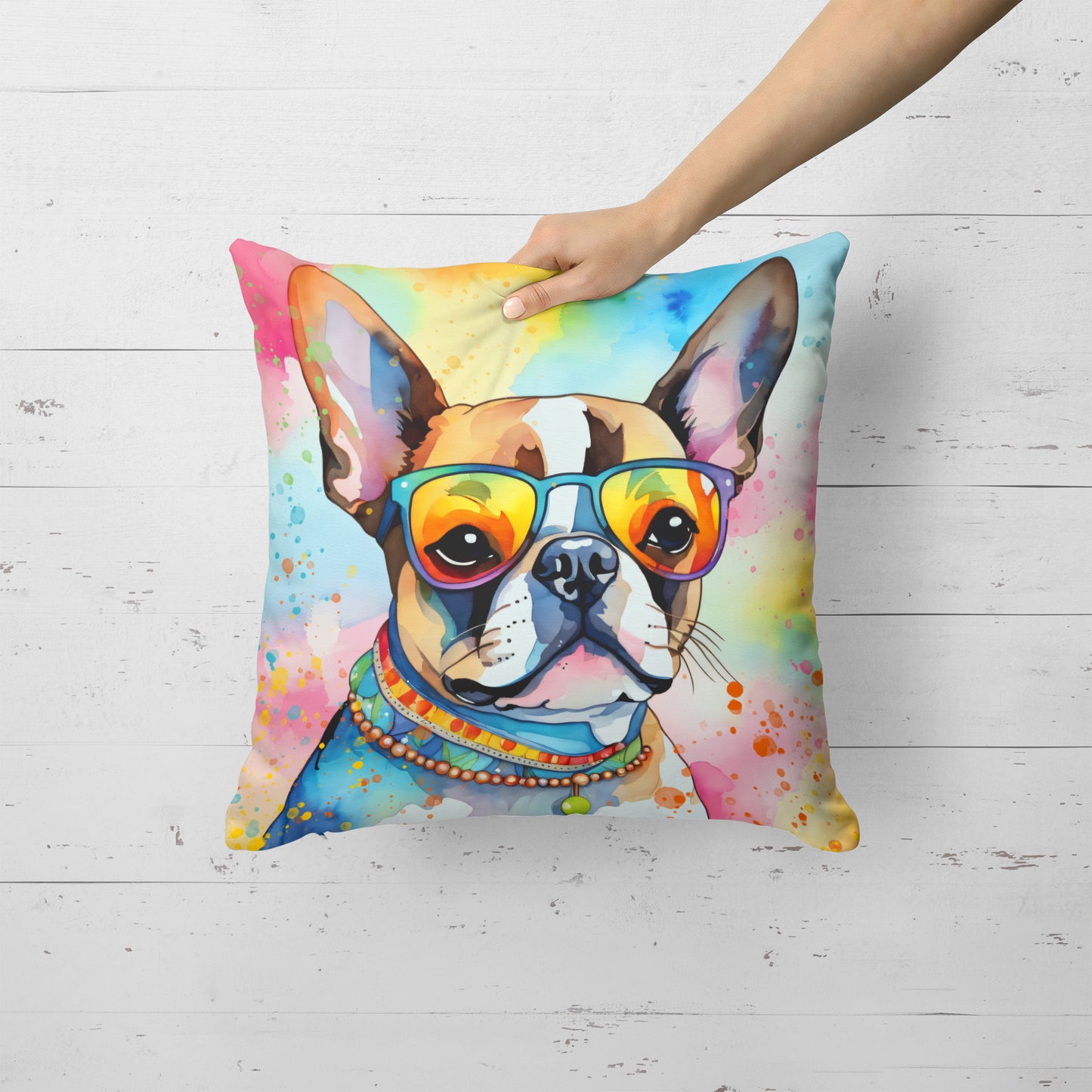 Boston Terrier Hippie Dawg Throw Pillow