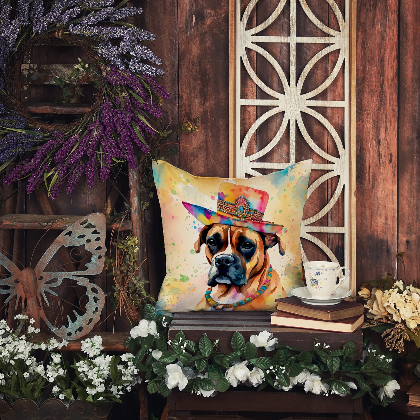 Boxer Hippie Dawg Throw Pillow