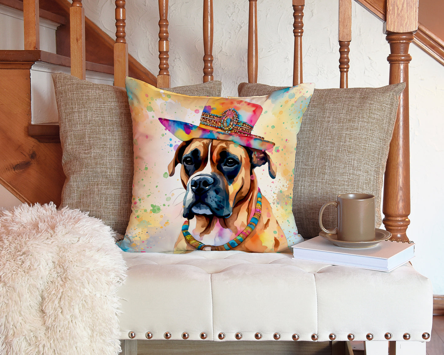 Boxer Hippie Dawg Throw Pillow