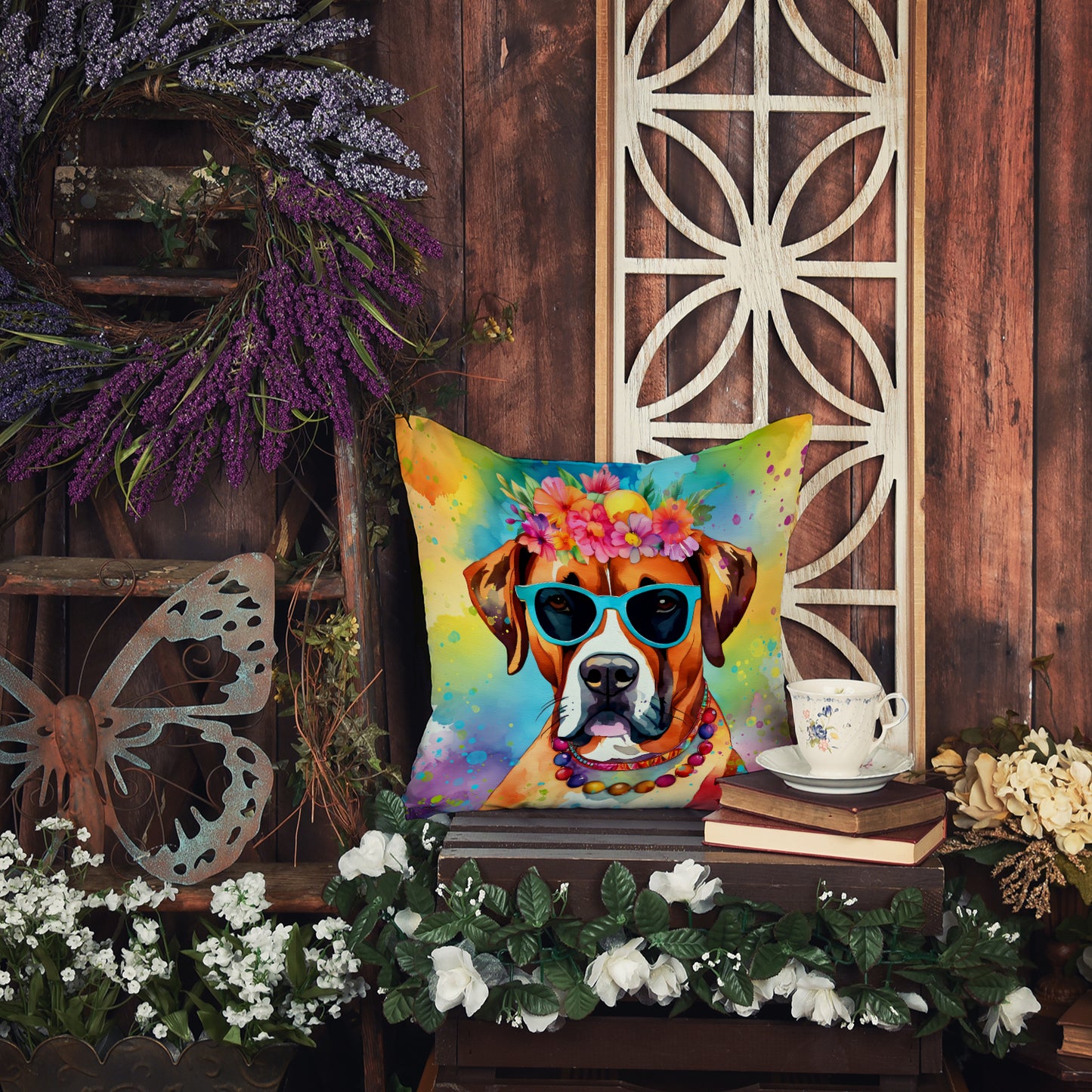 Boxer Hippie Dawg Throw Pillow