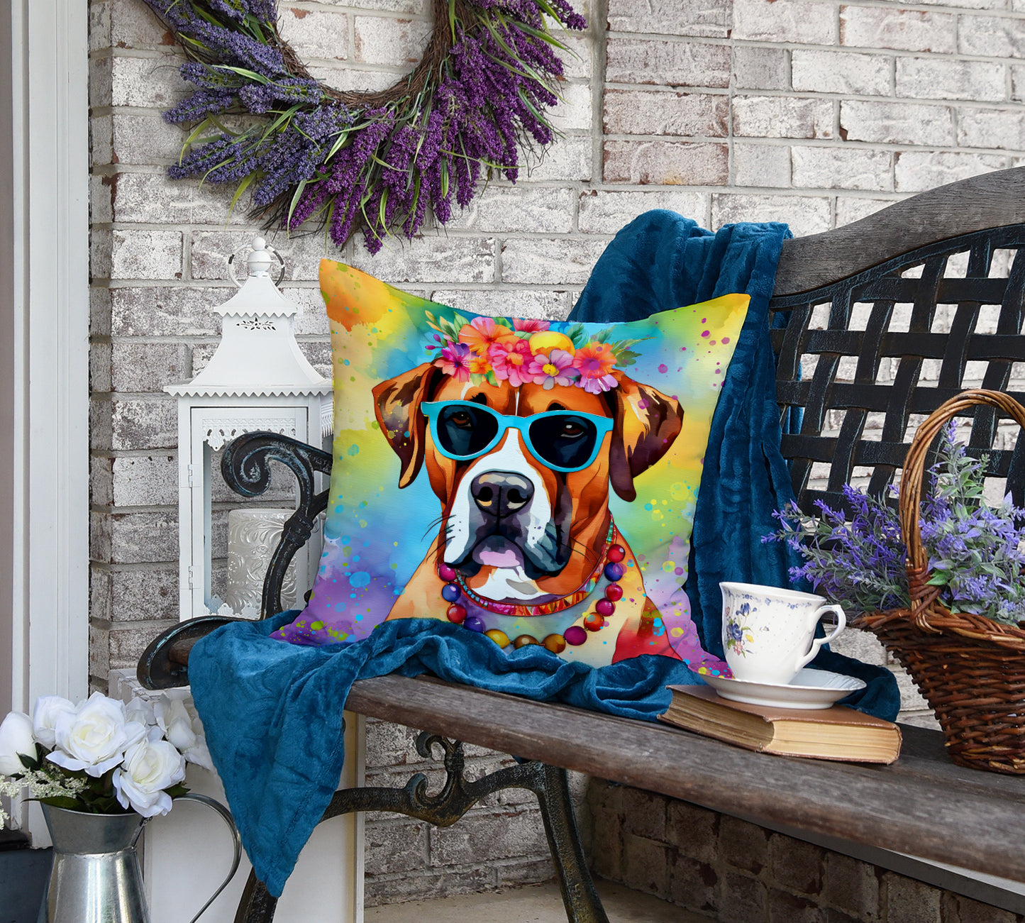 Boxer Hippie Dawg Throw Pillow