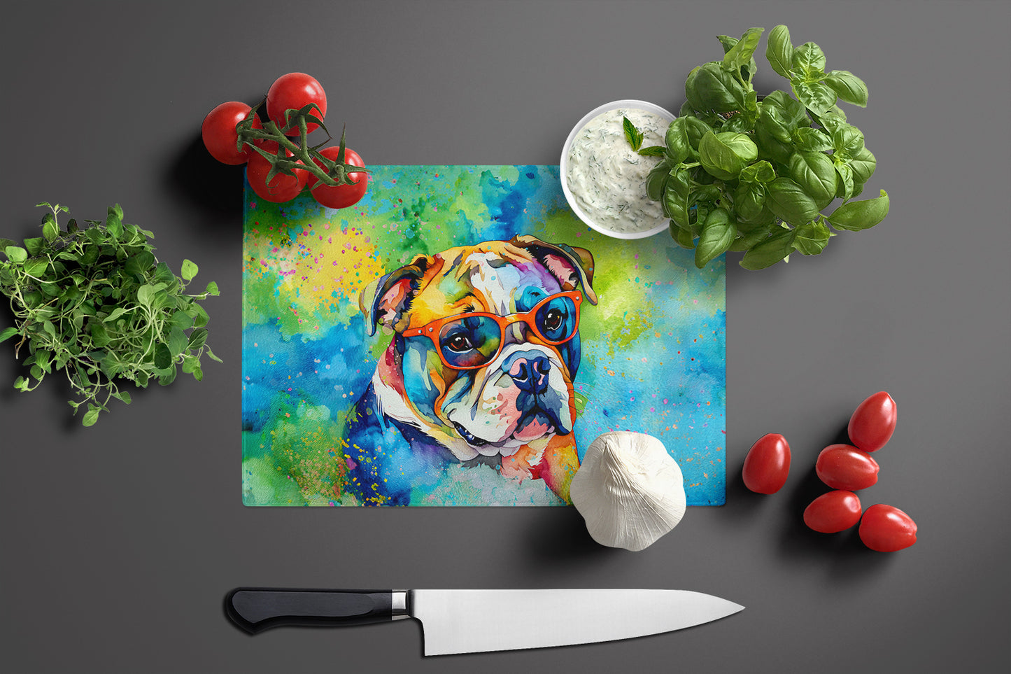 English Bulldog Hippie Dawg Glass Cutting Board