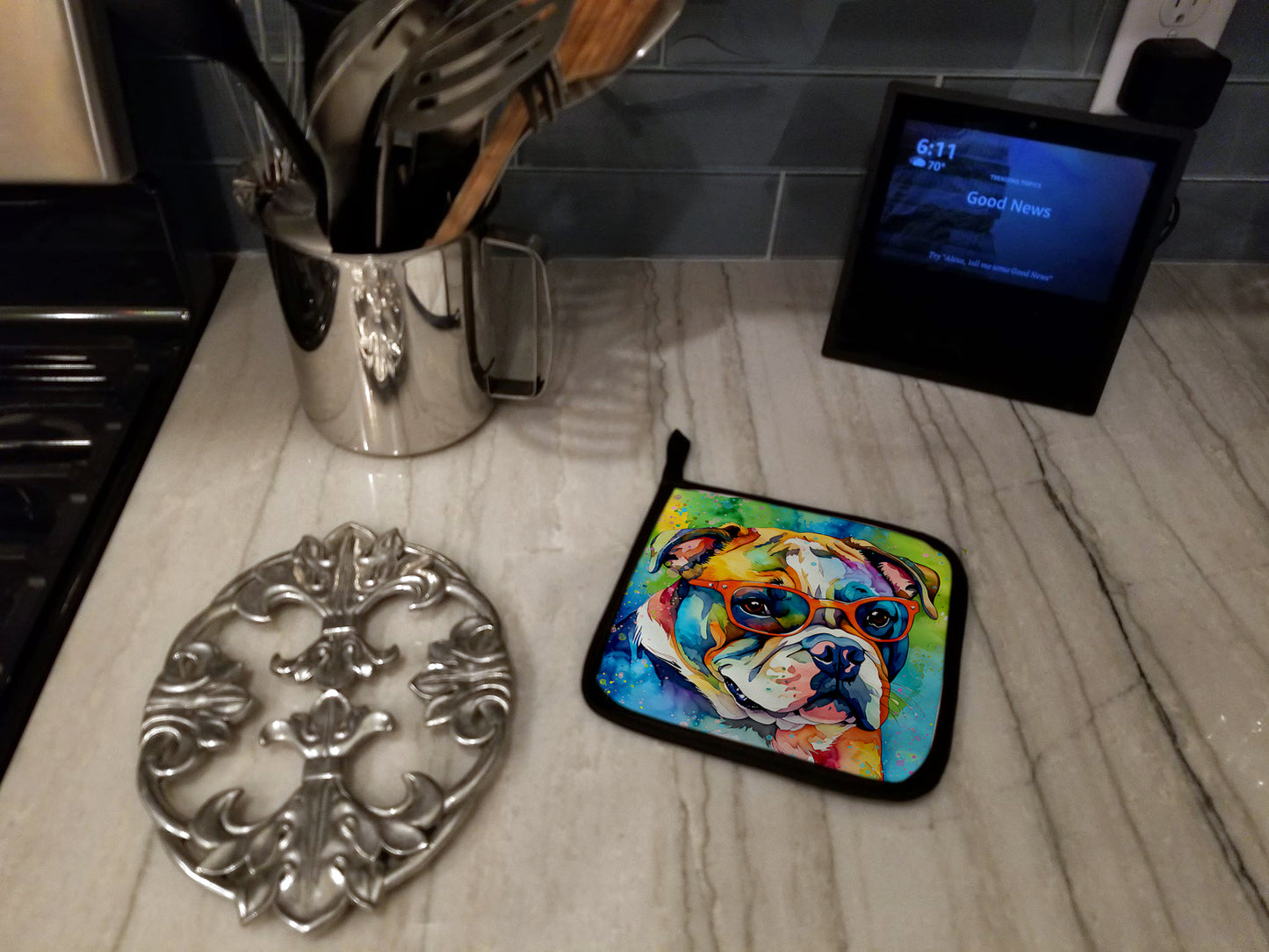English Bulldog Hippie Dawg Pair of Pot Holders