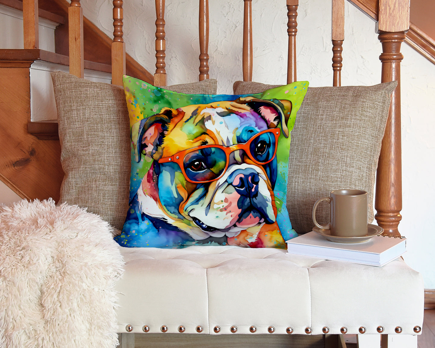 English Bulldog Hippie Dawg Throw Pillow