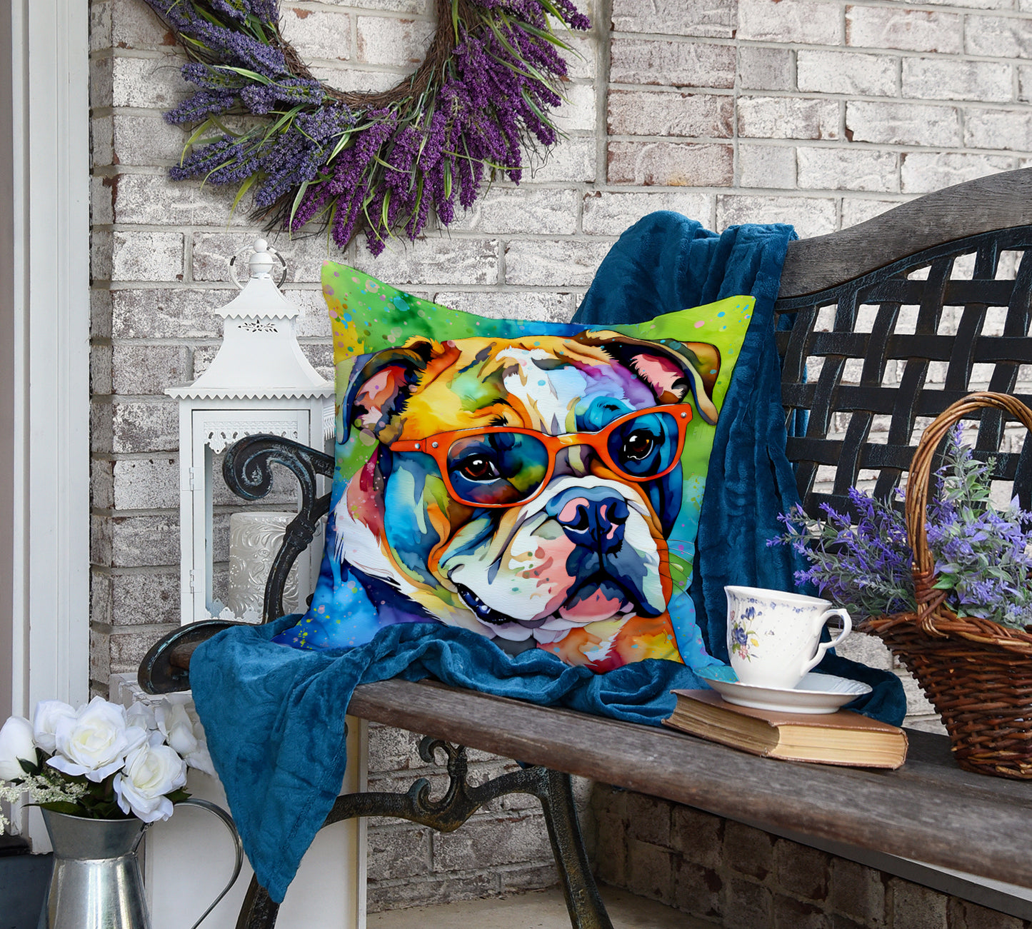 English Bulldog Hippie Dawg Throw Pillow