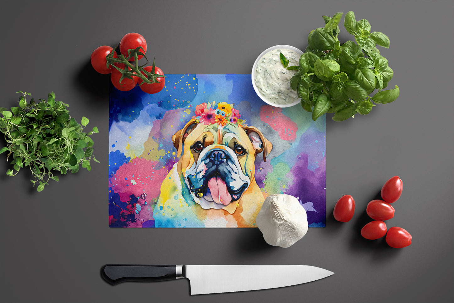 English Bulldog Hippie Dawg Glass Cutting Board