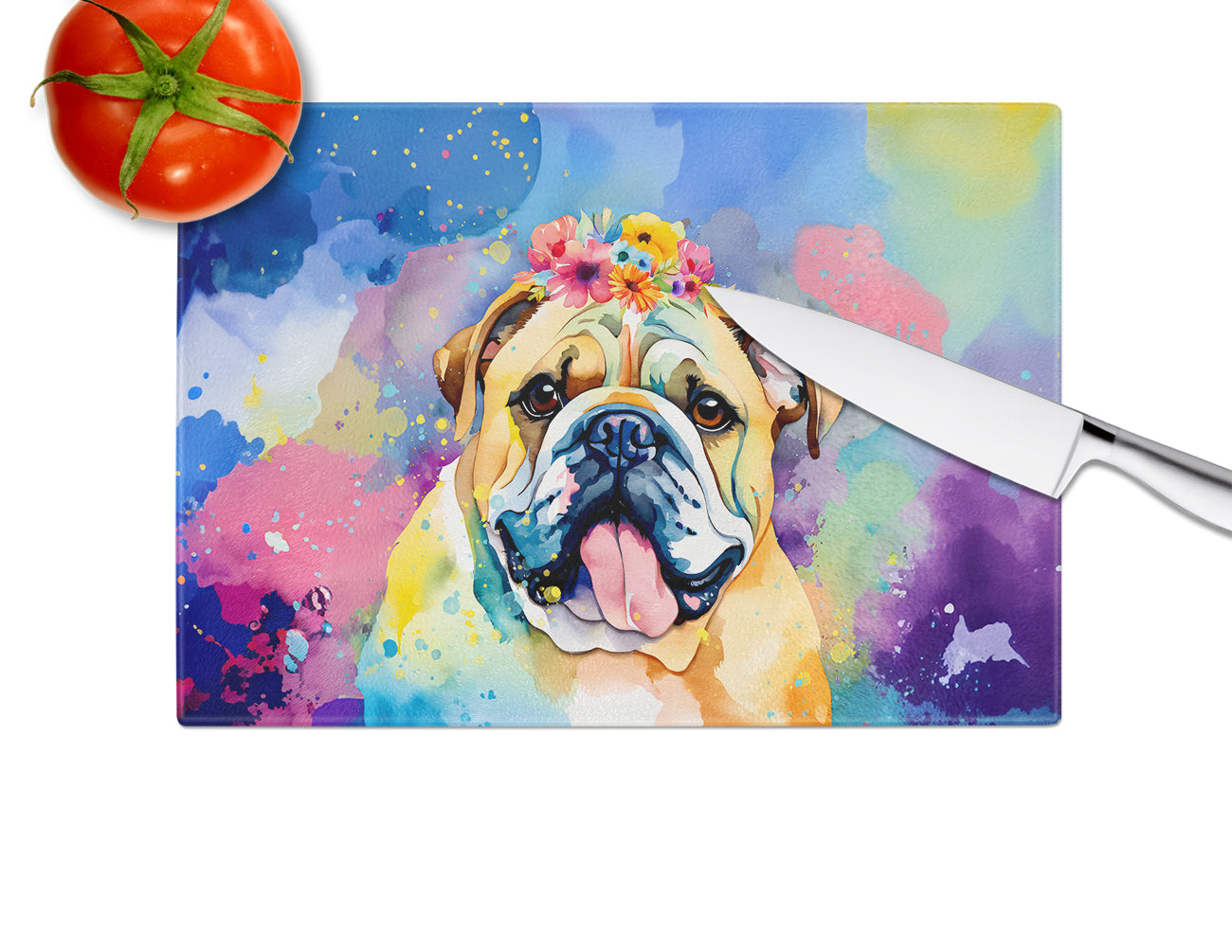 English Bulldog Hippie Dawg Glass Cutting Board