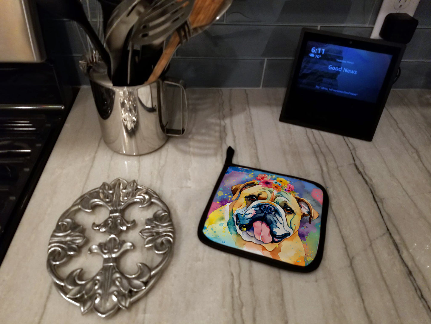 English Bulldog Hippie Dawg Pair of Pot Holders