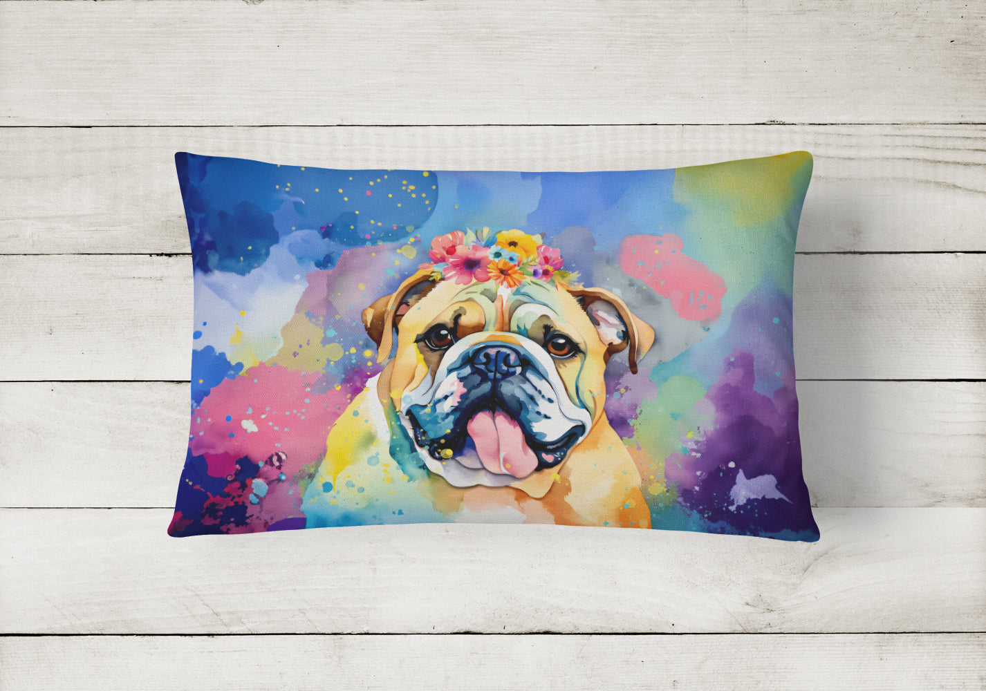 English Bulldog Hippie Dawg Throw Pillow