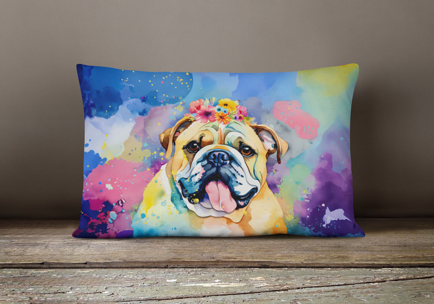 English Bulldog Hippie Dawg Throw Pillow