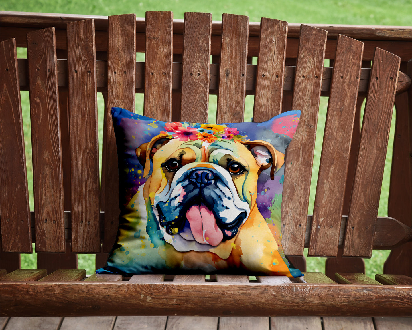 English Bulldog Hippie Dawg Throw Pillow