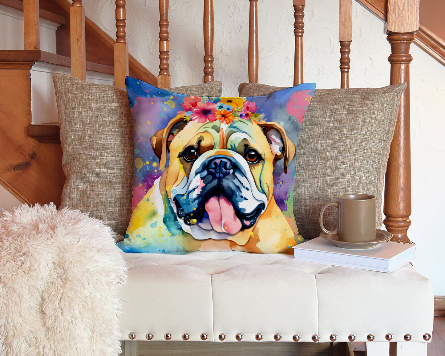 English Bulldog Hippie Dawg Throw Pillow