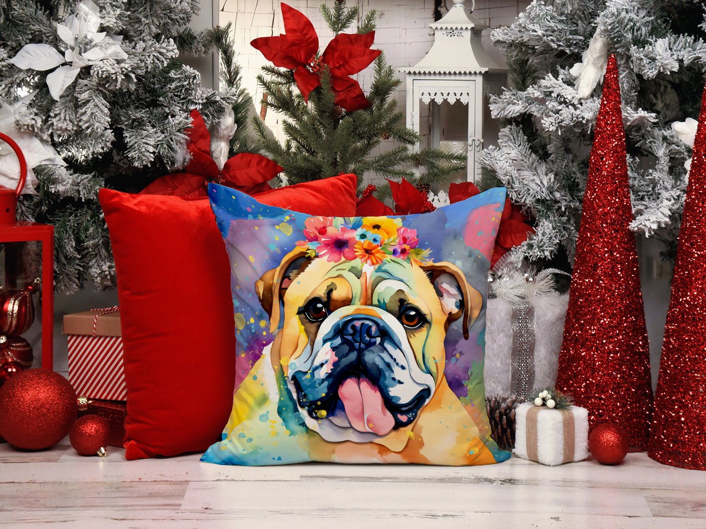 English Bulldog Hippie Dawg Throw Pillow