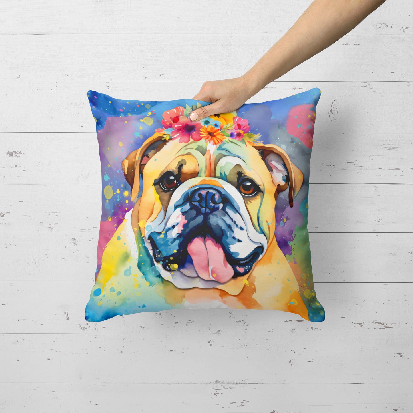 English Bulldog Hippie Dawg Throw Pillow