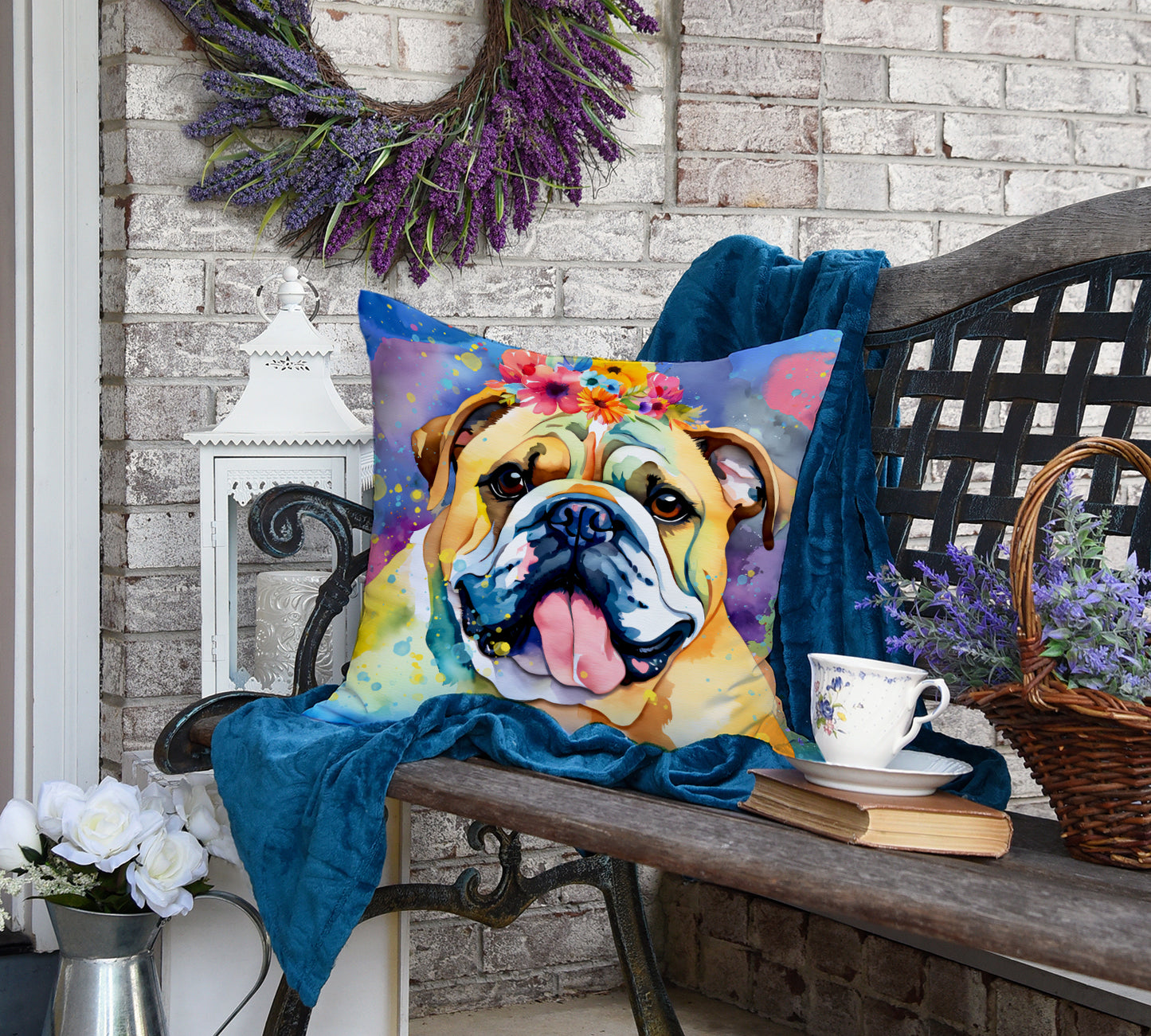 English Bulldog Hippie Dawg Throw Pillow