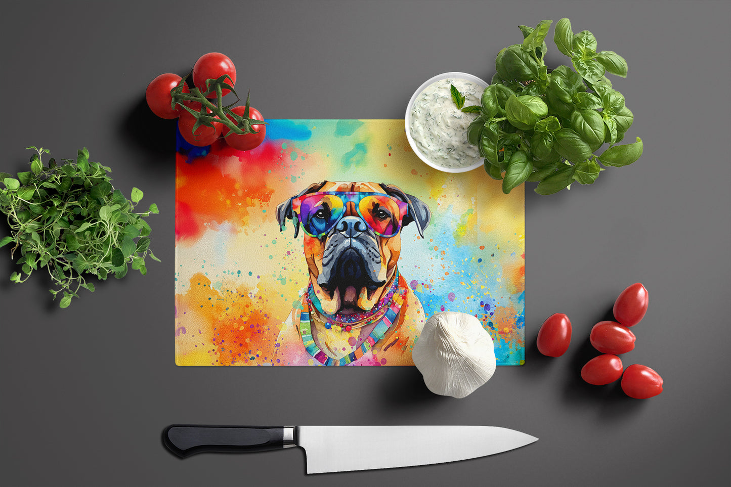 Bullmastiff Hippie Dawg Glass Cutting Board