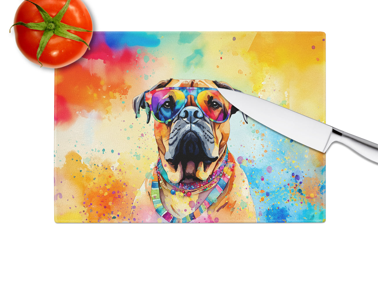 Bullmastiff Hippie Dawg Glass Cutting Board