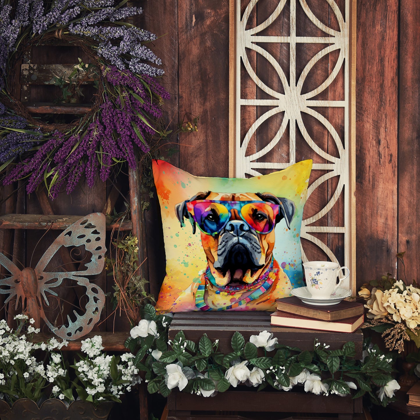 Bullmastiff Hippie Dawg Throw Pillow