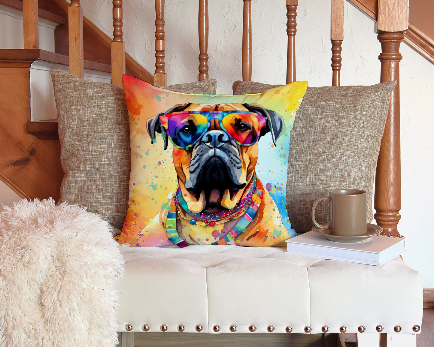 Bullmastiff Hippie Dawg Throw Pillow