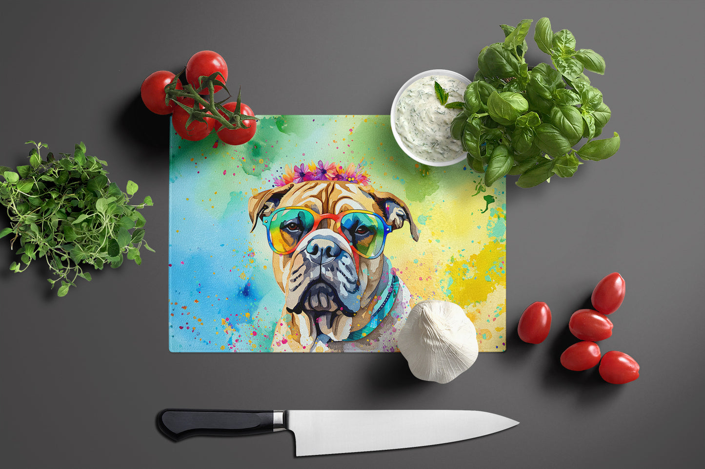 Bullmastiff Hippie Dawg Glass Cutting Board