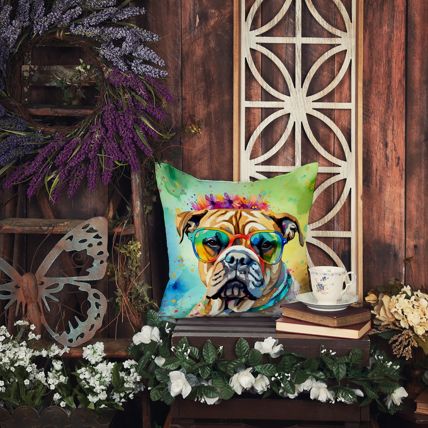 Bullmastiff Hippie Dawg Throw Pillow