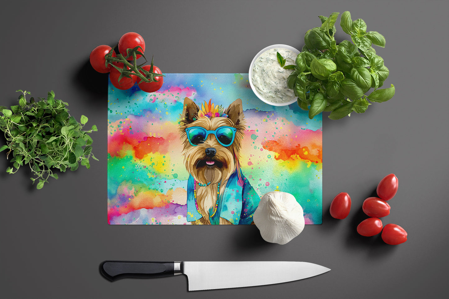 Cairn Terrier Hippie Dawg Glass Cutting Board