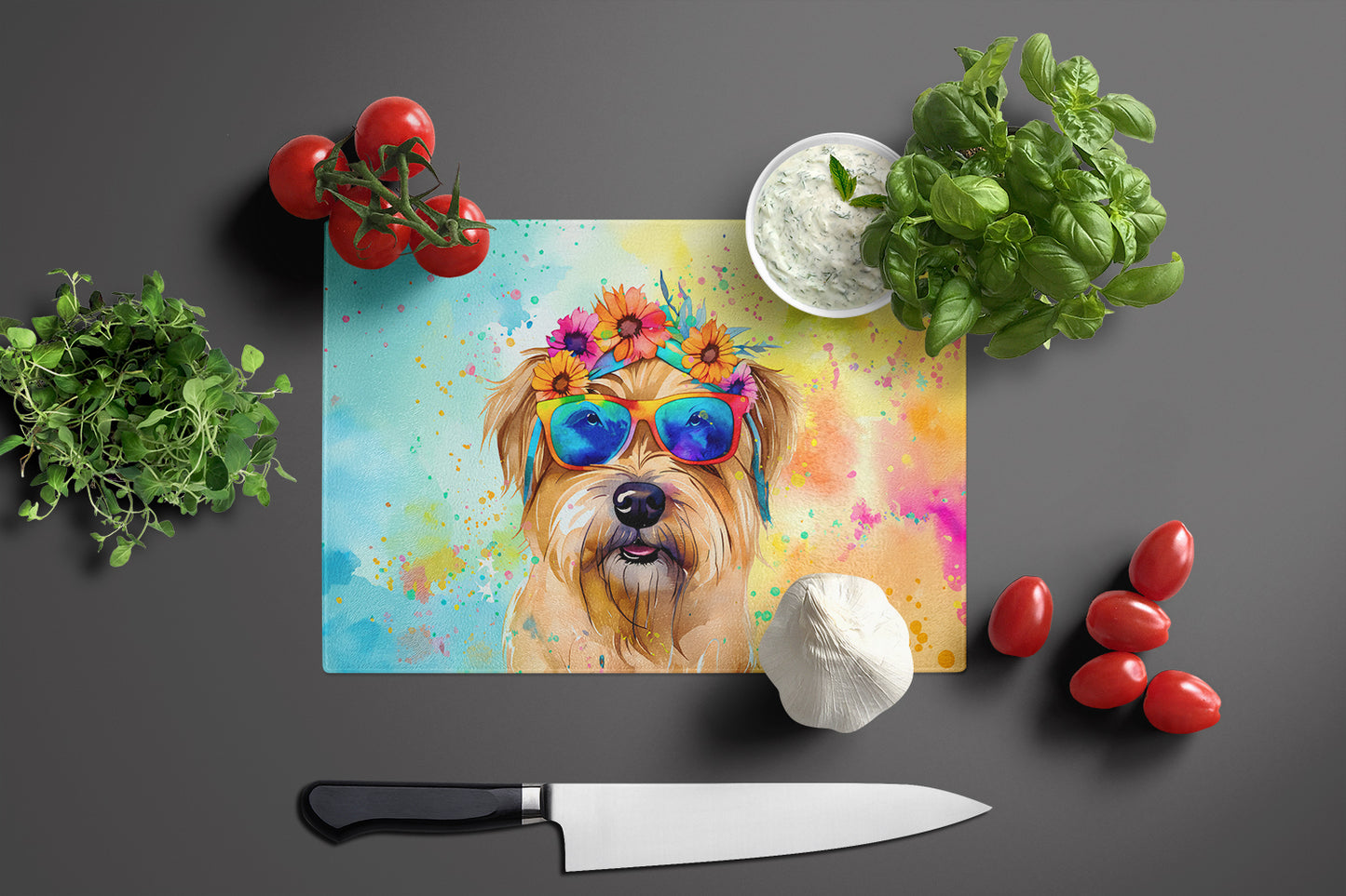 Cairn Terrier Hippie Dawg Glass Cutting Board