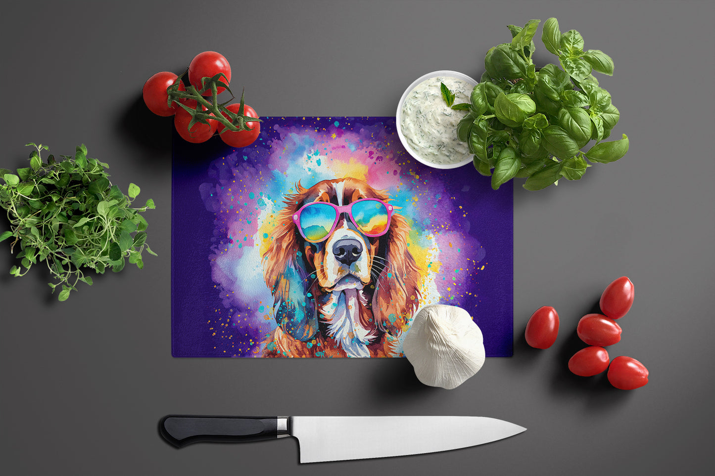 Cavalier Spaniel Hippie Dawg Glass Cutting Board