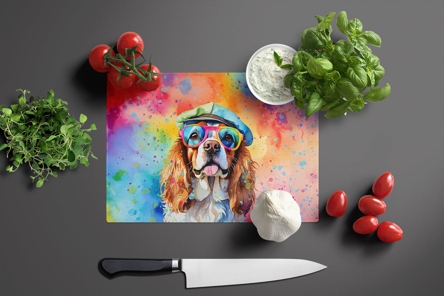 Cavalier Spaniel Hippie Dawg Glass Cutting Board