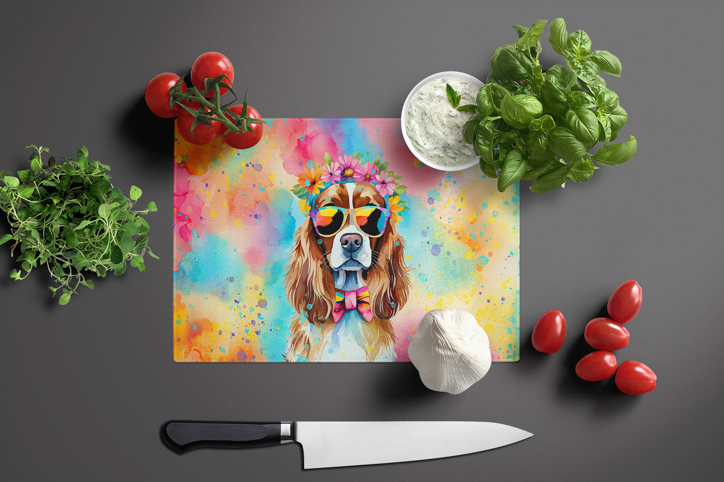 Cavalier Spaniel Hippie Dawg Glass Cutting Board