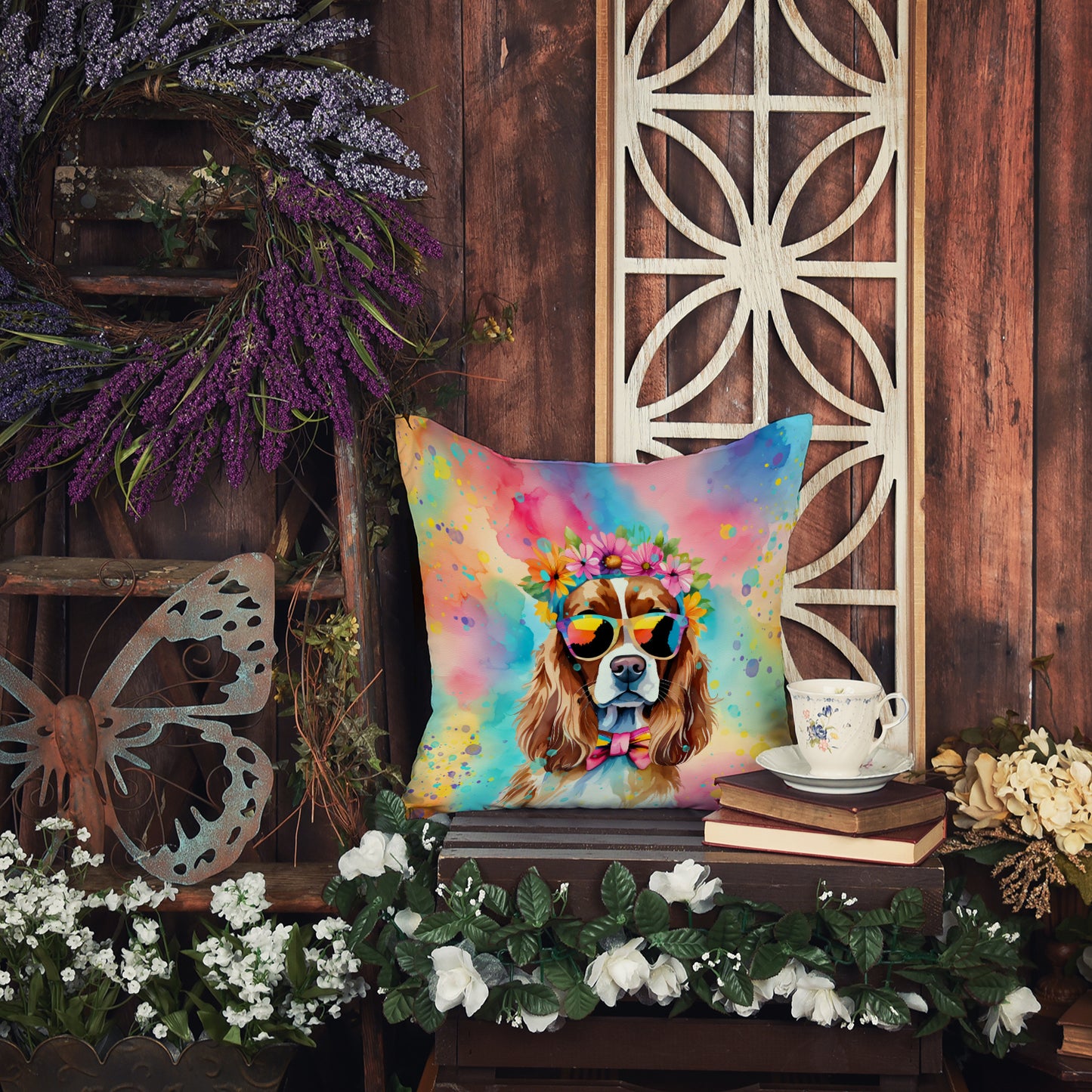 Cavalier Spaniel Hippie Dawg Throw Pillow