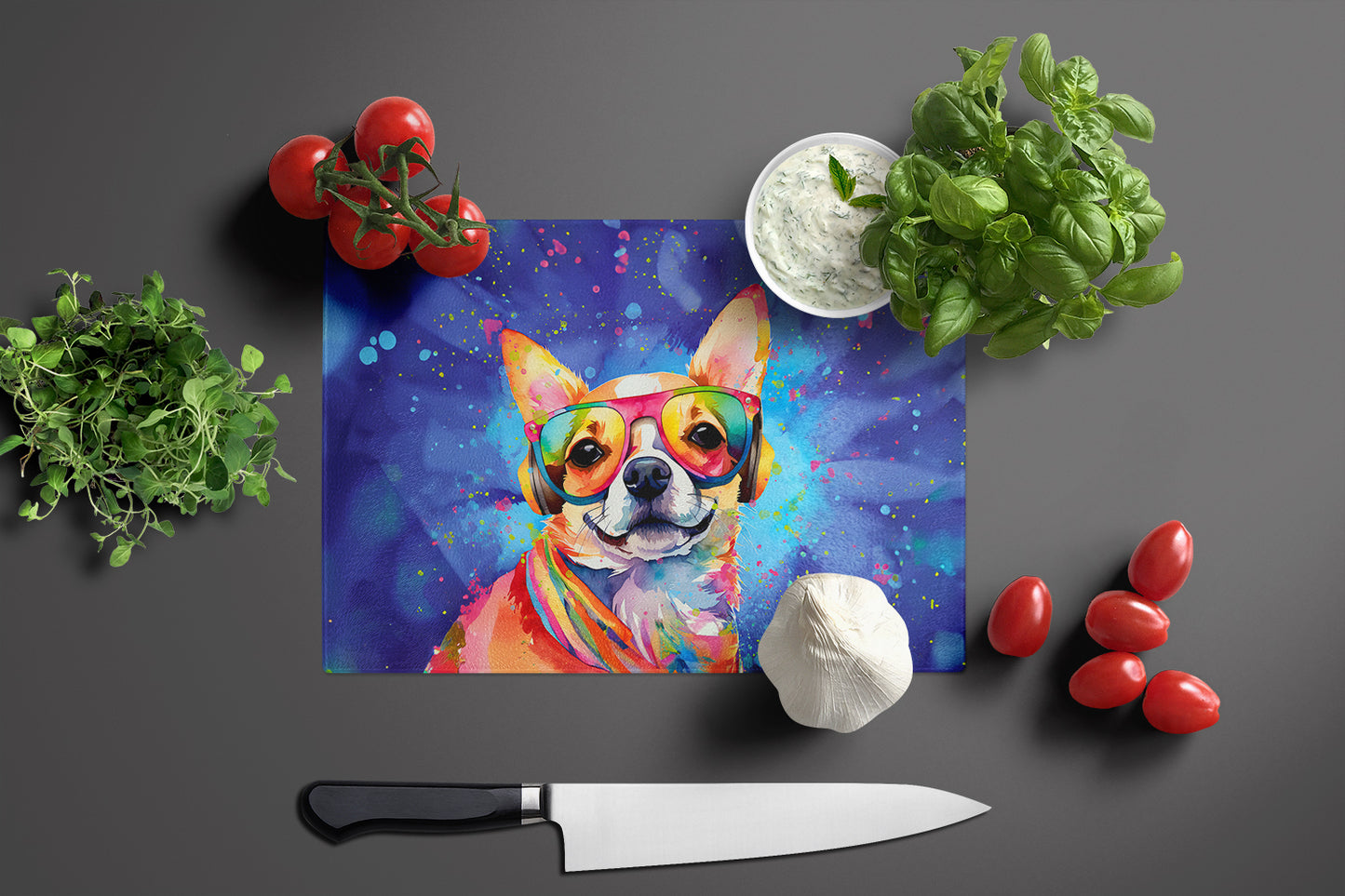 Chihuahua Hippie Dawg Glass Cutting Board