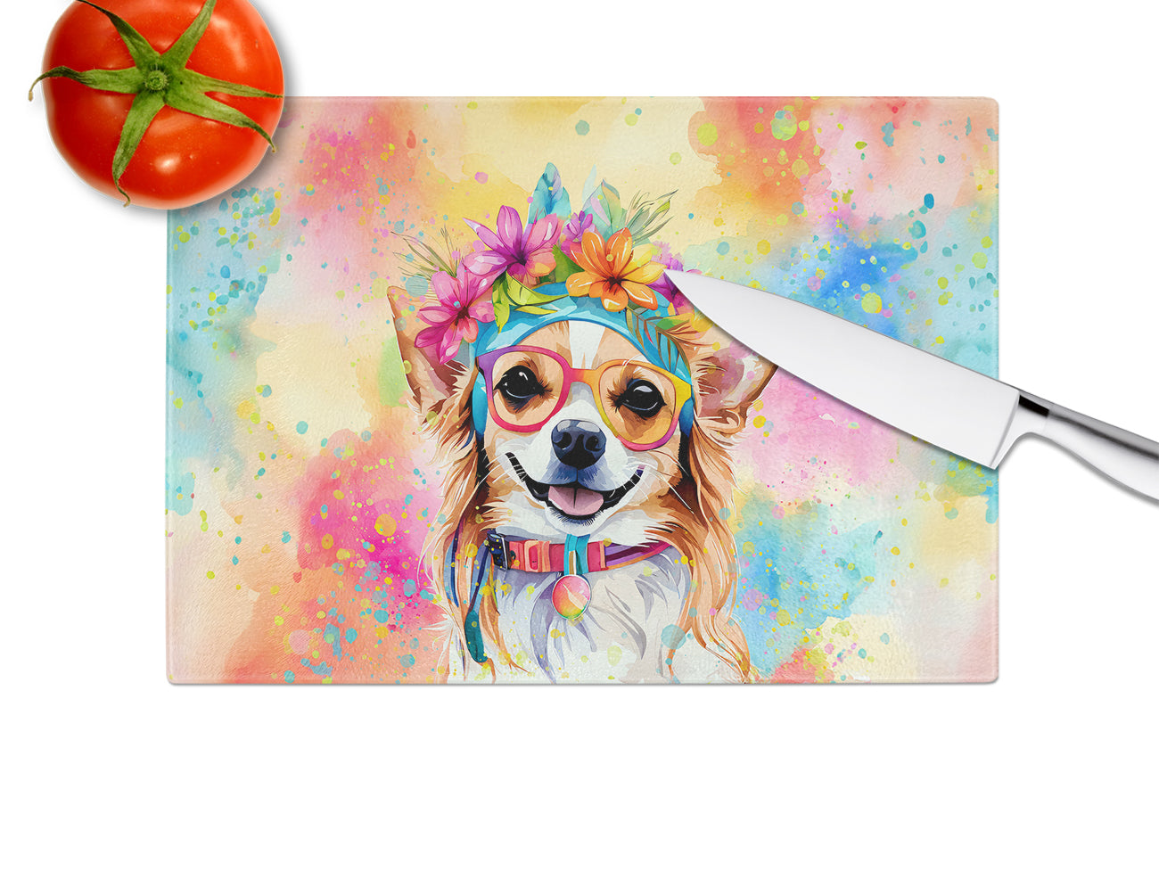 Chihuahua Hippie Dawg Glass Cutting Board