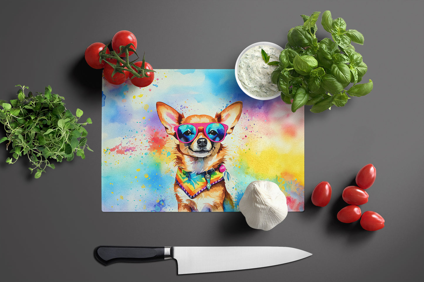 Chihuahua Hippie Dawg Glass Cutting Board