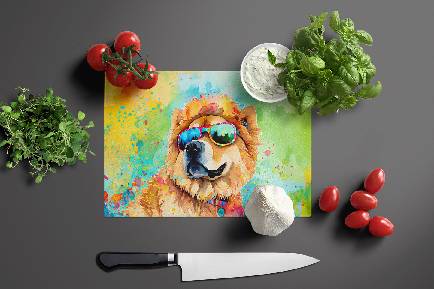 Chow Chow Hippie Dawg Glass Cutting Board