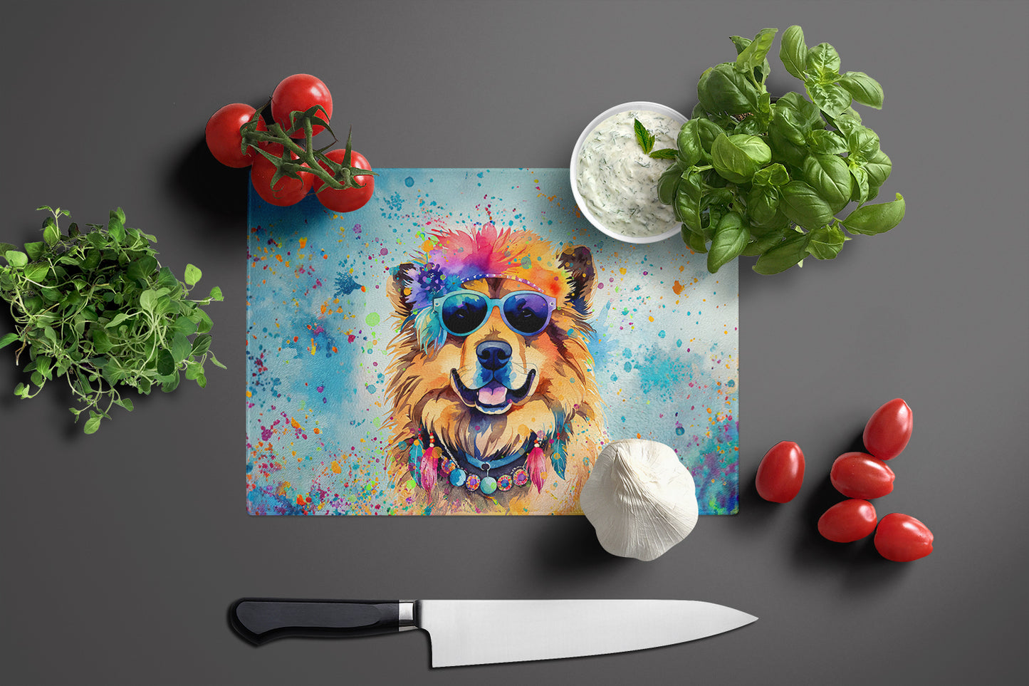 Chow Chow Hippie Dawg Glass Cutting Board