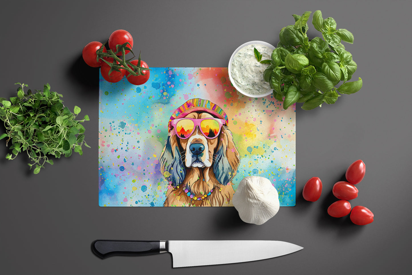 Cocker Spaniel Hippie Dawg Glass Cutting Board