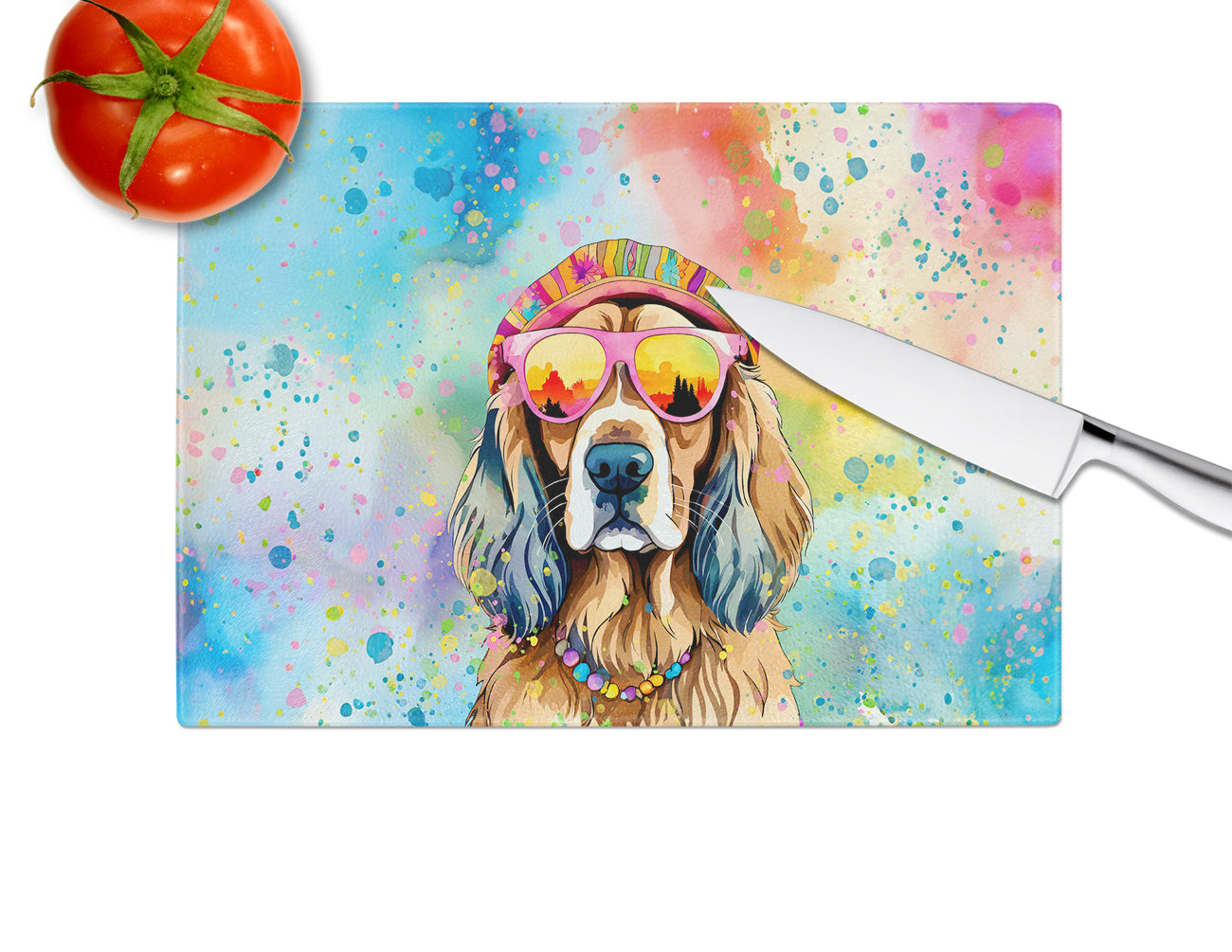 Cocker Spaniel Hippie Dawg Glass Cutting Board