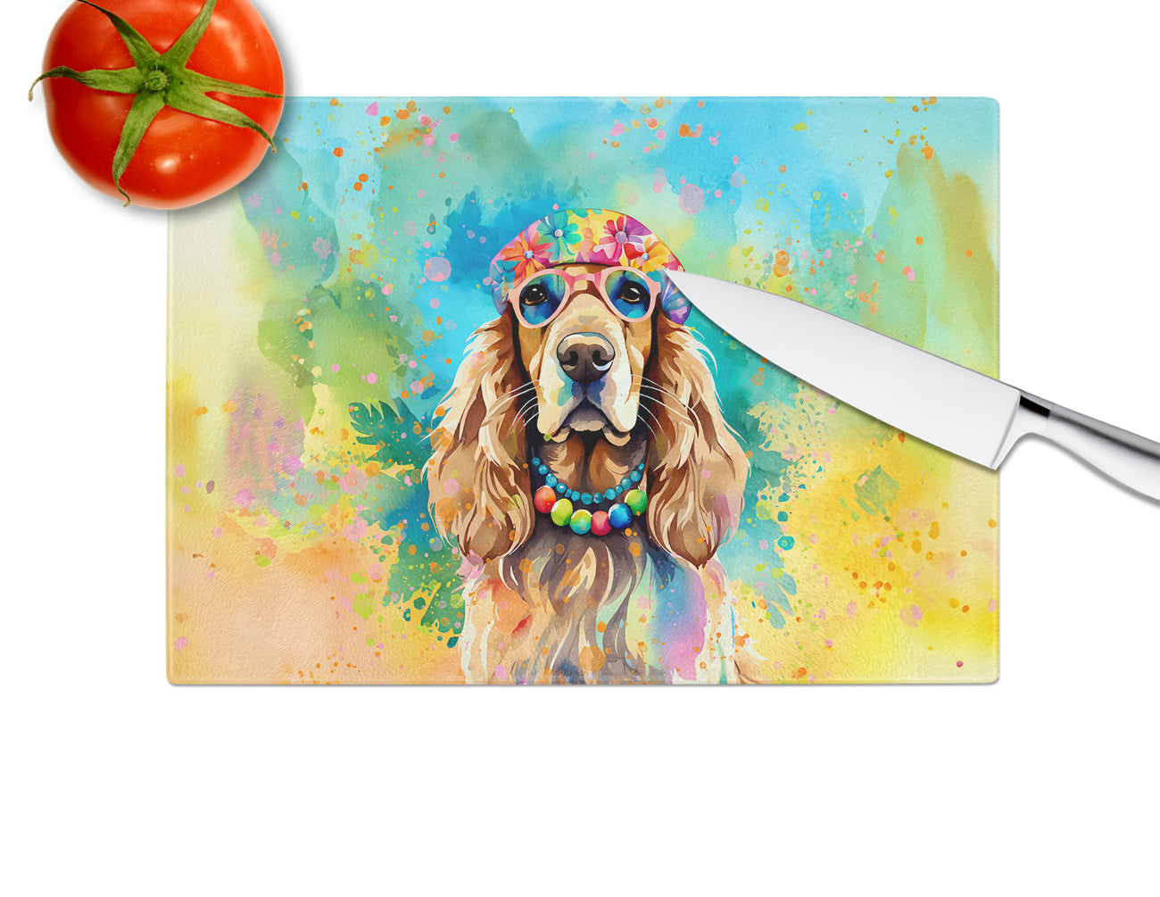 Cocker Spaniel Hippie Dawg Glass Cutting Board