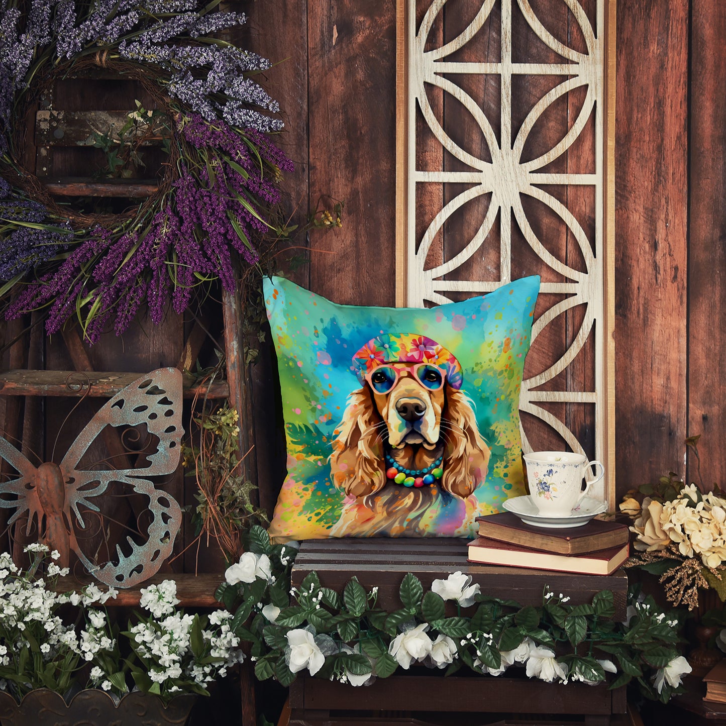 Cocker Spaniel Hippie Dawg Throw Pillow