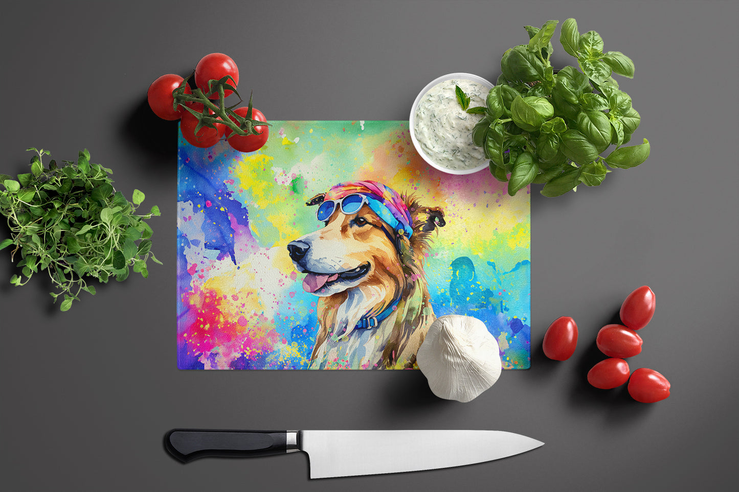 Collie Hippie Dawg Glass Cutting Board