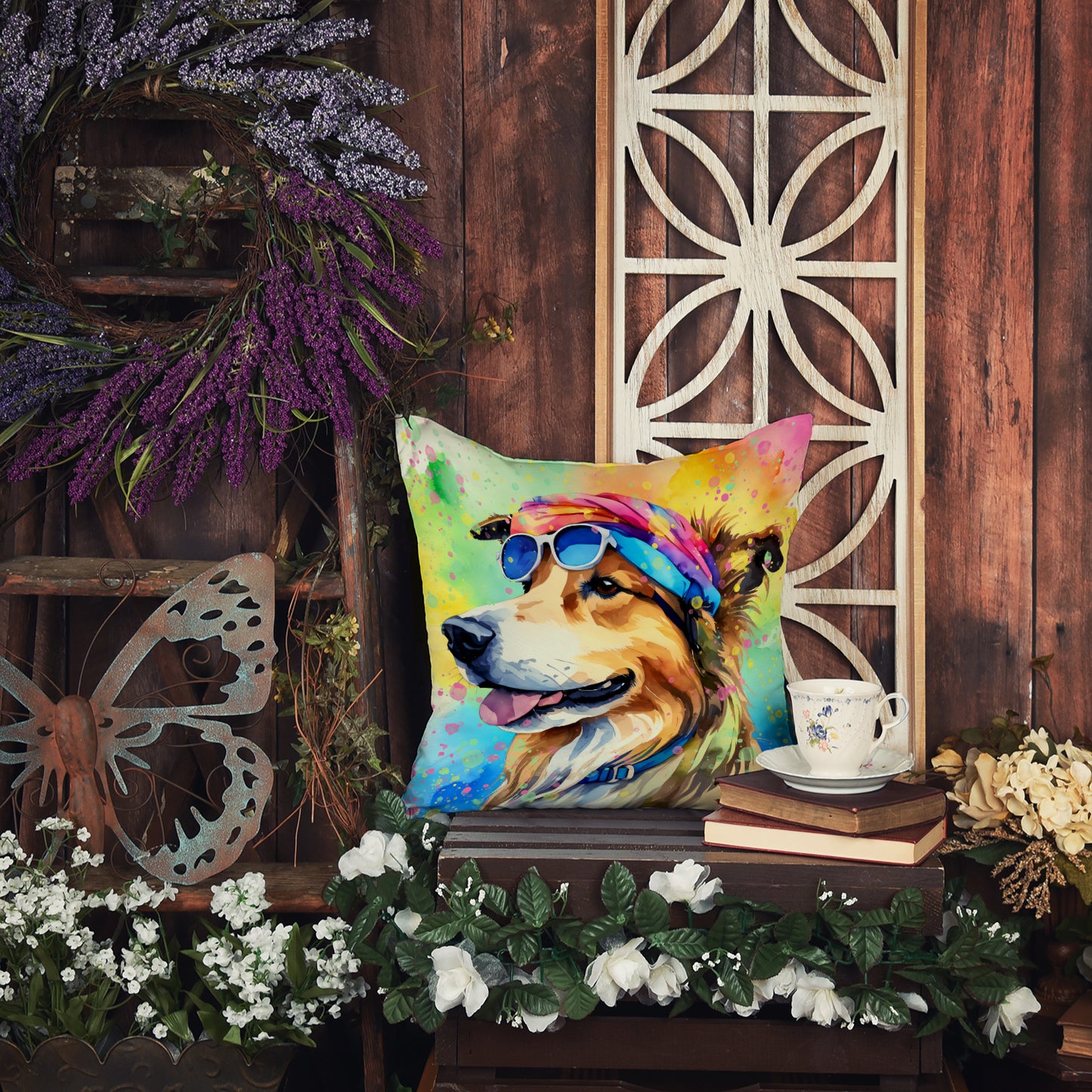 Collie Hippie Dawg Throw Pillow